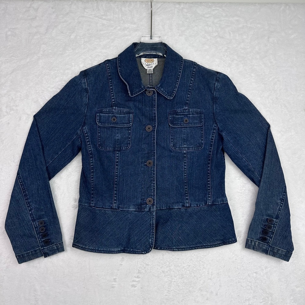 Talbots Petites Blue Denim Jacket Size 10P Stretch Medium Wash Peplum Hem Button